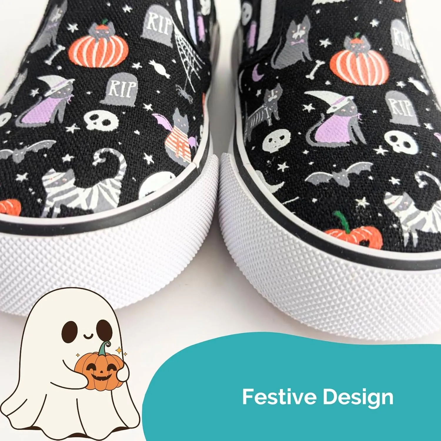 waddle wonder Toddler Halloween Low Top Slip-on Elastic No Lace School Walking Shoes Sneaker with Ghosts and Pumpkins
