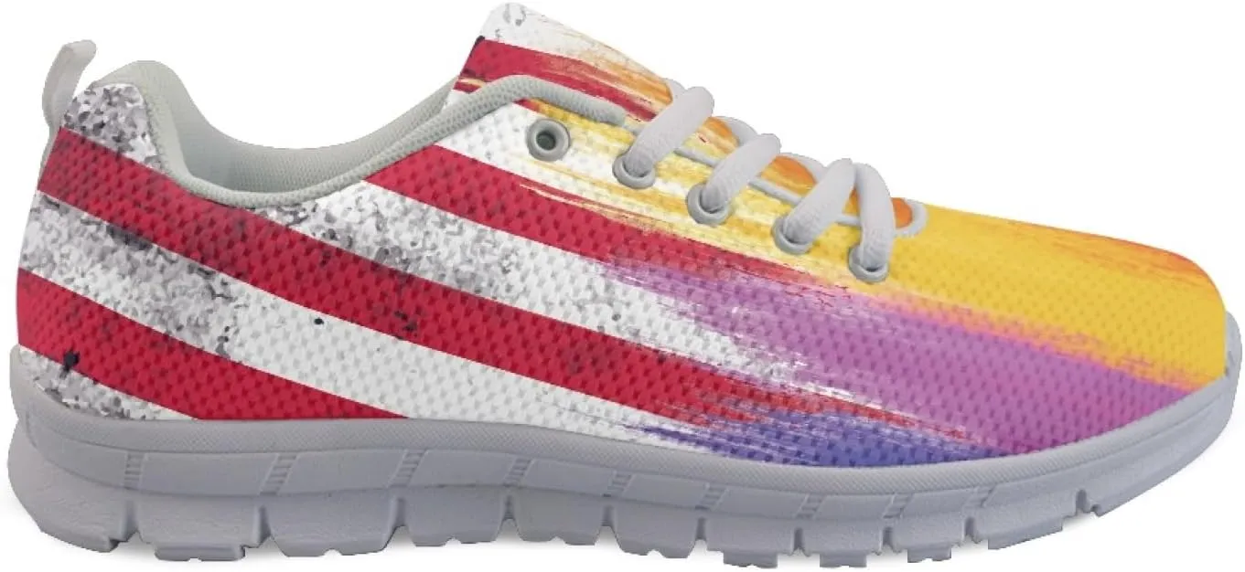 Wanyint Rainbow Stripes Print Women Tennis Sneakers Lace-up Walking Training Shoes Non Slip Sports Footwear