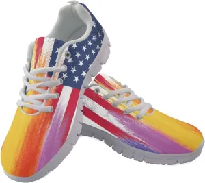 Wanyint Rainbow Stripes Print Women Tennis Sneakers Lace-up Walking Training Shoes Non Slip Sports Footwear