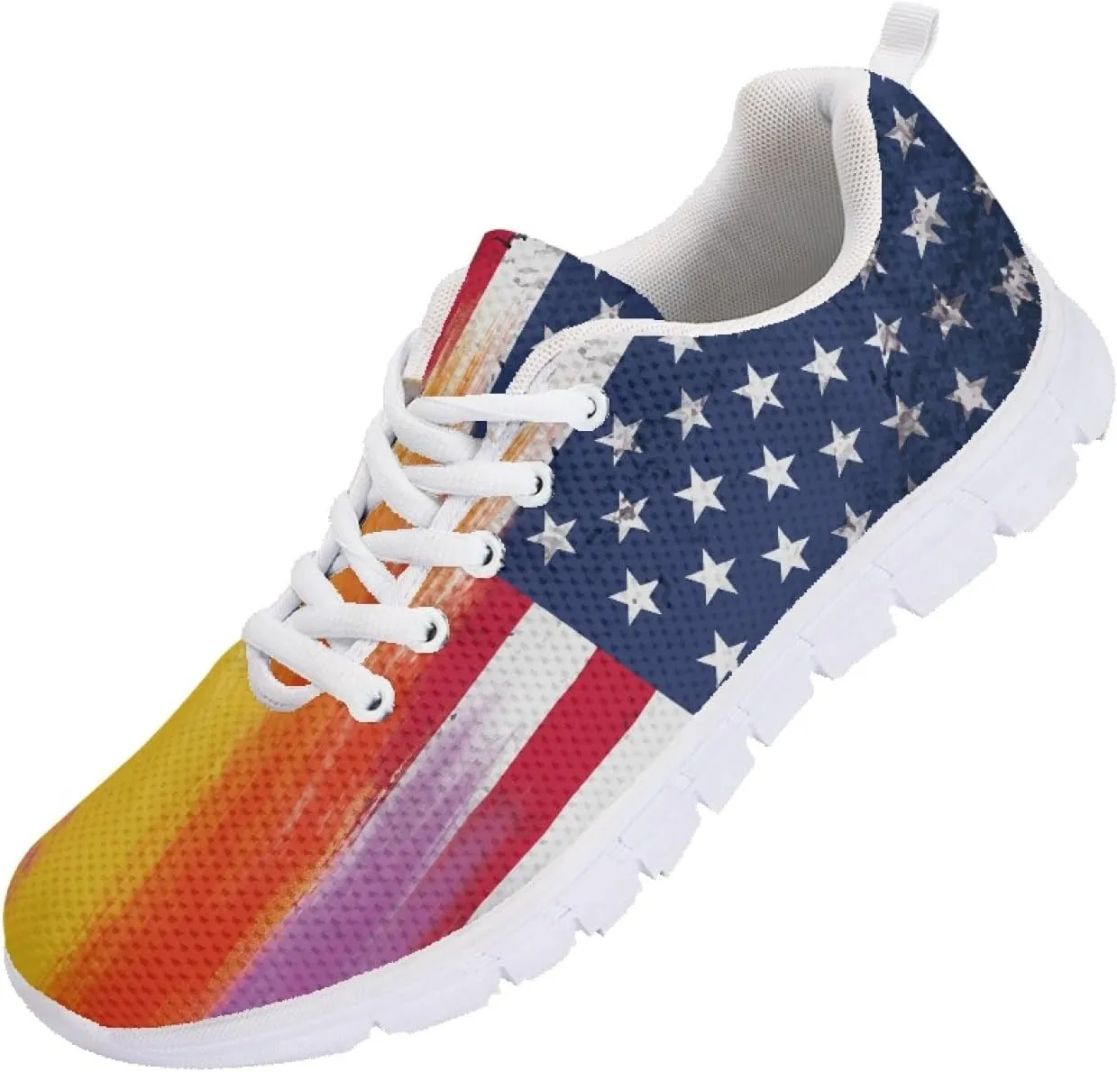 Wanyint Rainbow Stripes Print Women Tennis Sneakers Lace-up Walking Training Shoes Non Slip Sports Footwear