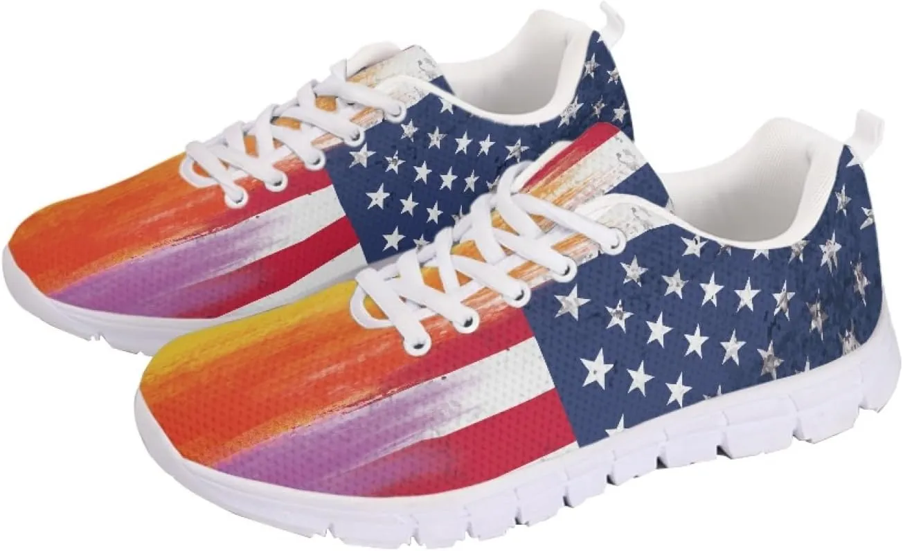 Wanyint Rainbow Stripes Print Women Tennis Sneakers Lace-up Walking Training Shoes Non Slip Sports Footwear