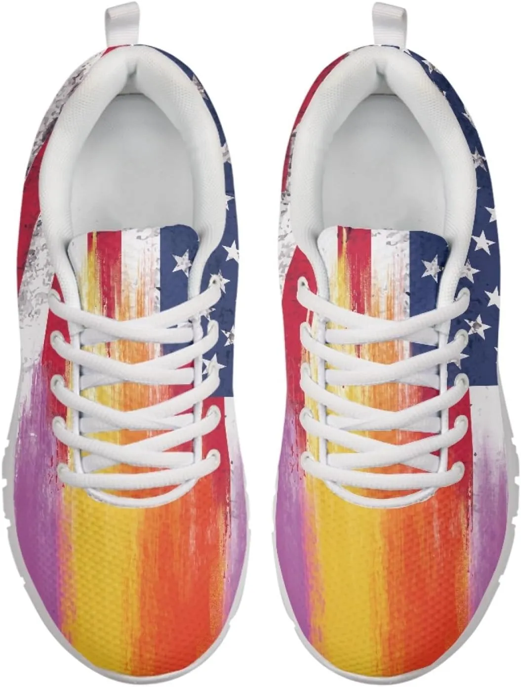 Wanyint Rainbow Stripes Print Women Tennis Sneakers Lace-up Walking Training Shoes Non Slip Sports Footwear