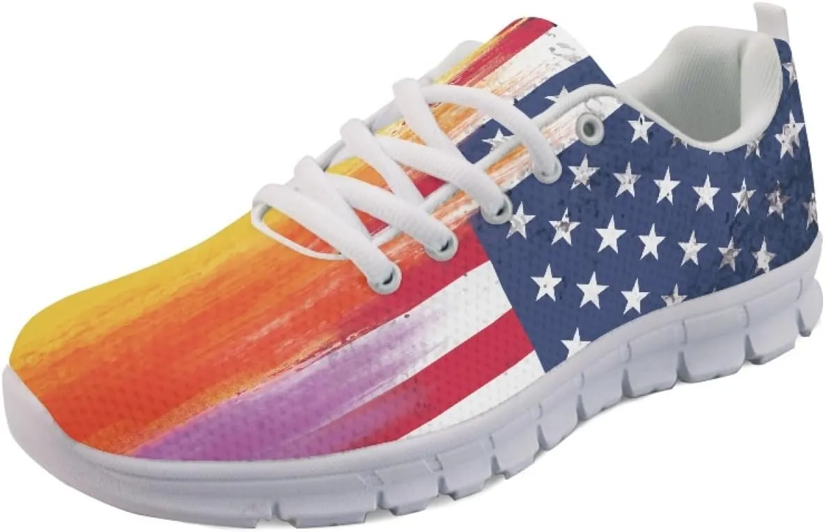 Wanyint Rainbow Stripes Print Women Tennis Sneakers Lace-up Walking Training Shoes Non Slip Sports Footwear