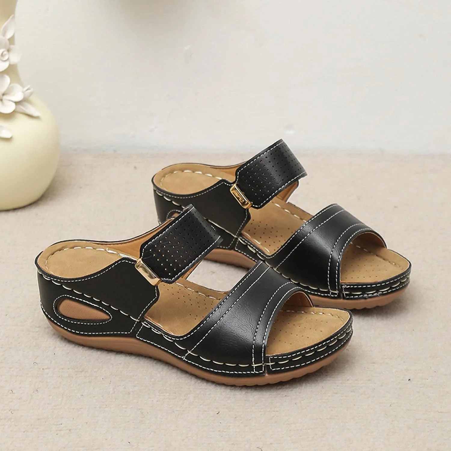 Wedge Sandals for Women Casual Summer Comfortable Fish Mouth Open Toe Double Straps Slip-on Slipper Novelty Trendy Stitched Outdoor Ladies Shoes
