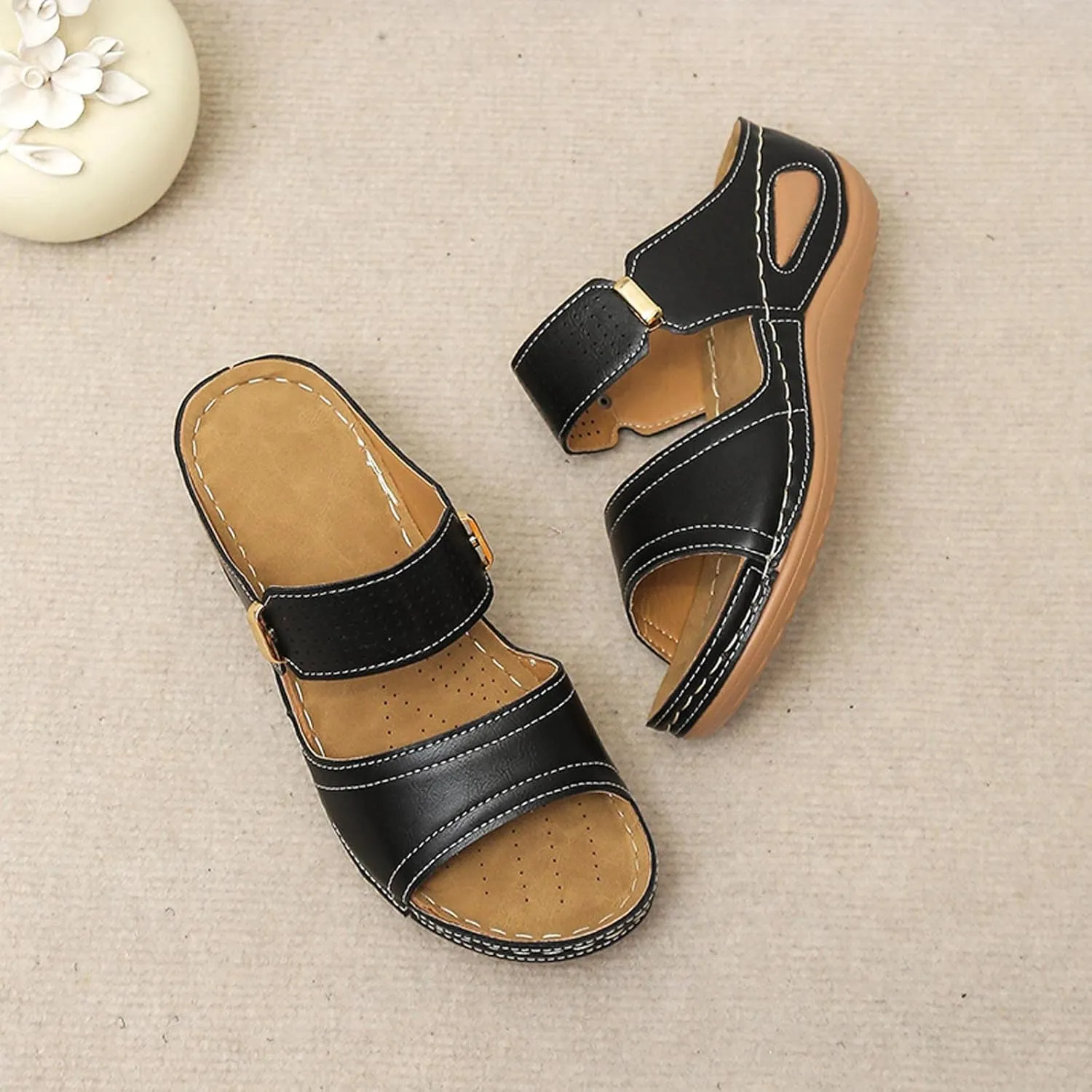 Wedge Sandals for Women Casual Summer Comfortable Fish Mouth Open Toe Double Straps Slip-on Slipper Novelty Trendy Stitched Outdoor Ladies Shoes