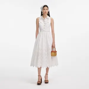 White Cotton Broderie Collared Midi Dress
