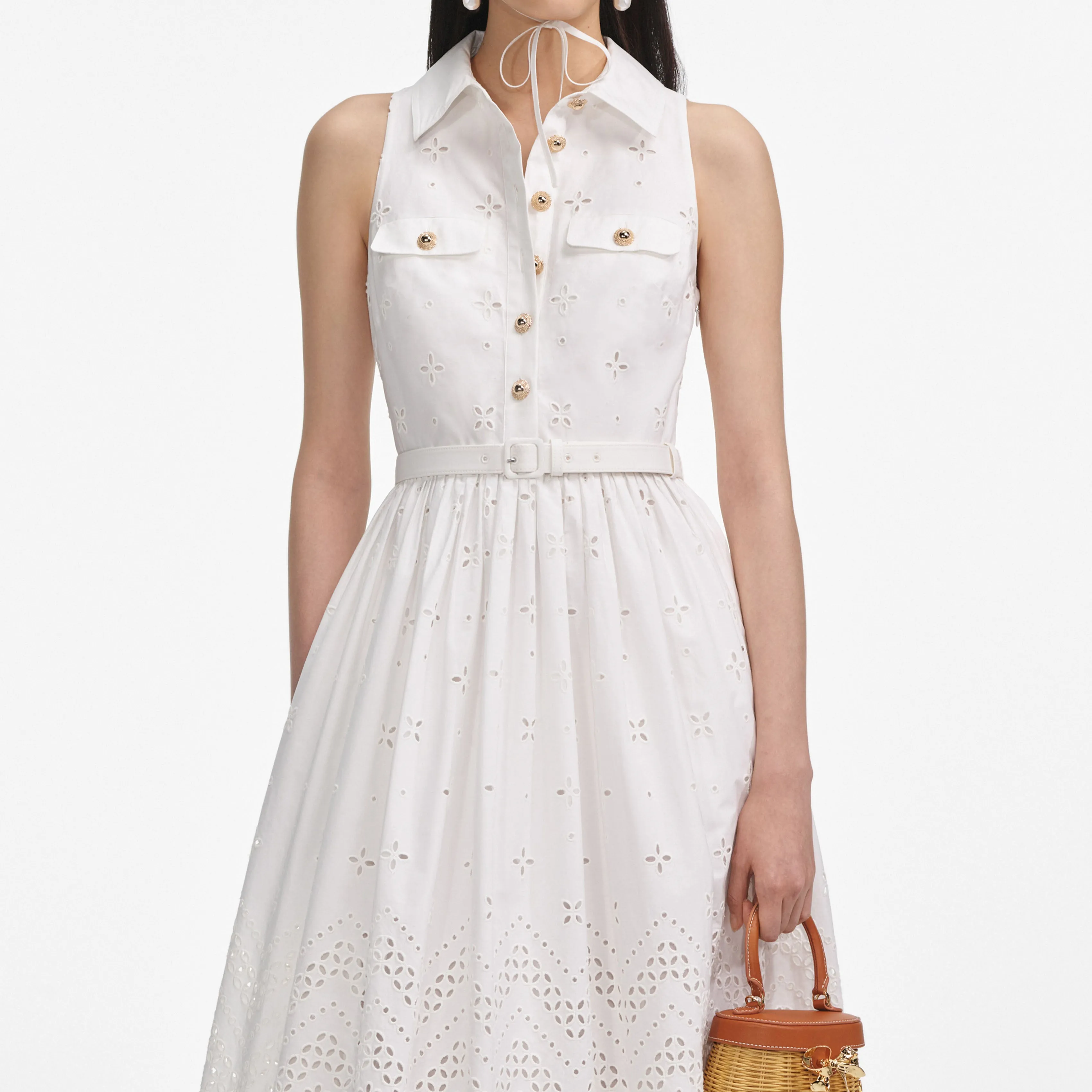 White Cotton Broderie Collared Midi Dress