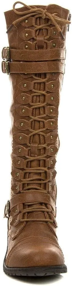 Wild Diva Timberly Women's Fashion Lace Up Buckle Knee High Combat Boots