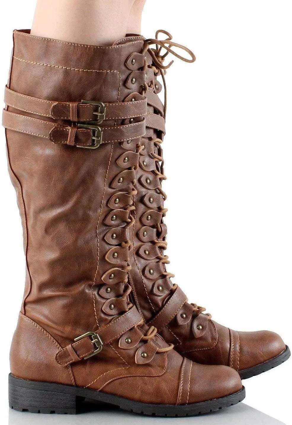 Wild Diva Timberly Women's Fashion Lace Up Buckle Knee High Combat Boots