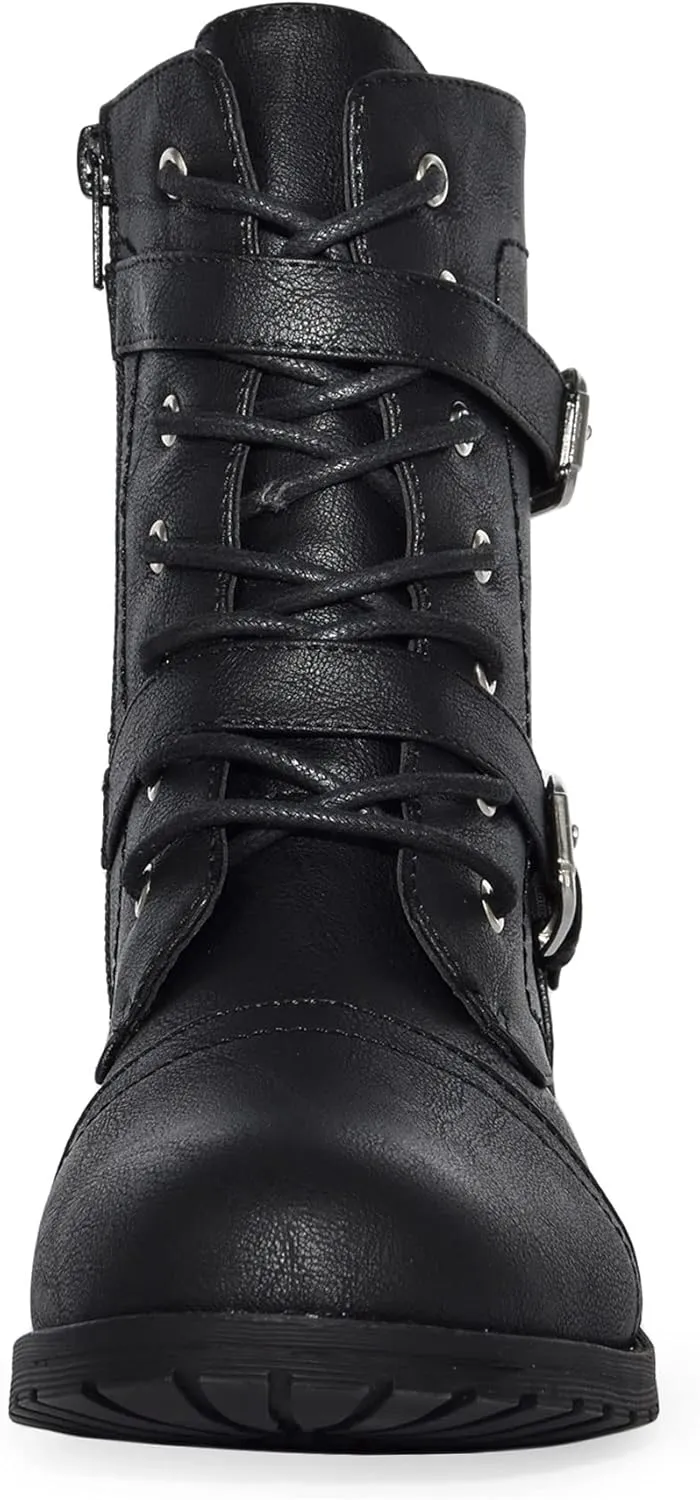 Wild Diva Timberly Women's Fashion Lace Up Buckle Knee High Combat Boots