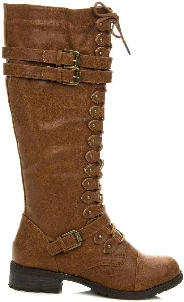 Wild Diva Timberly Women's Fashion Lace Up Buckle Knee High Combat Boots