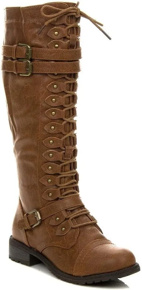 Wild Diva Timberly Women's Fashion Lace Up Buckle Knee High Combat Boots