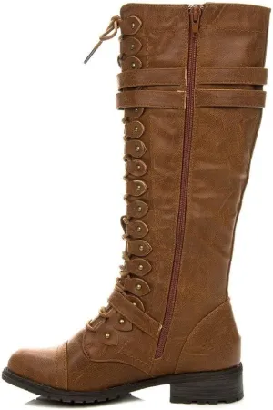 Wild Diva Timberly Women's Fashion Lace Up Buckle Knee High Combat Boots