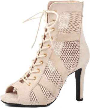 Women Ankle Dance Boots Lace up Open Toe Latin Salsa Ballrooom Performence Practice Party Dancing Shoes, Model DS-789RM