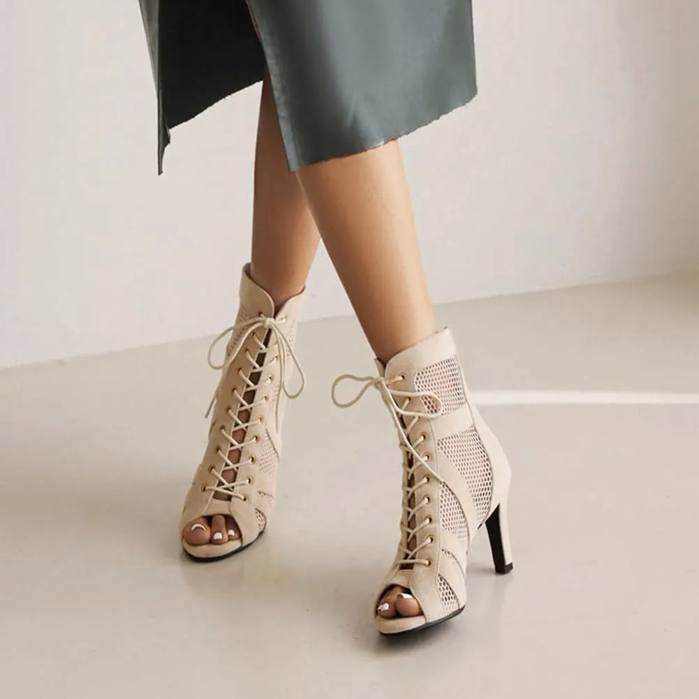 Women Ankle Dance Boots Lace up Open Toe Latin Salsa Ballrooom Performence Practice Party Dancing Shoes, Model DS-789RM