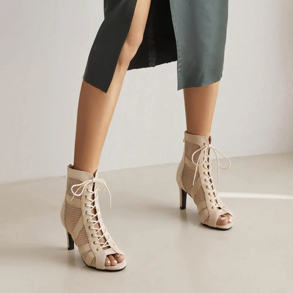 Women Ankle Dance Boots Lace up Open Toe Latin Salsa Ballrooom Performence Practice Party Dancing Shoes, Model DS-789RM