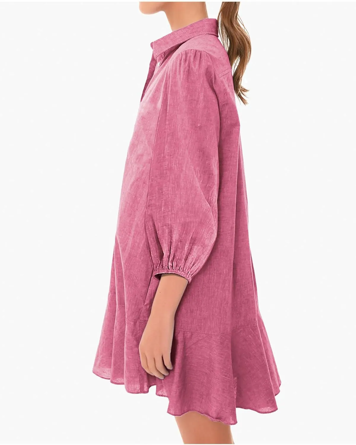 Women Button Down Dress Casual 3/4 Puff Sleeve Cotton Linen Dress Flowy Ruffle Hem Tunic Shirt Dresses