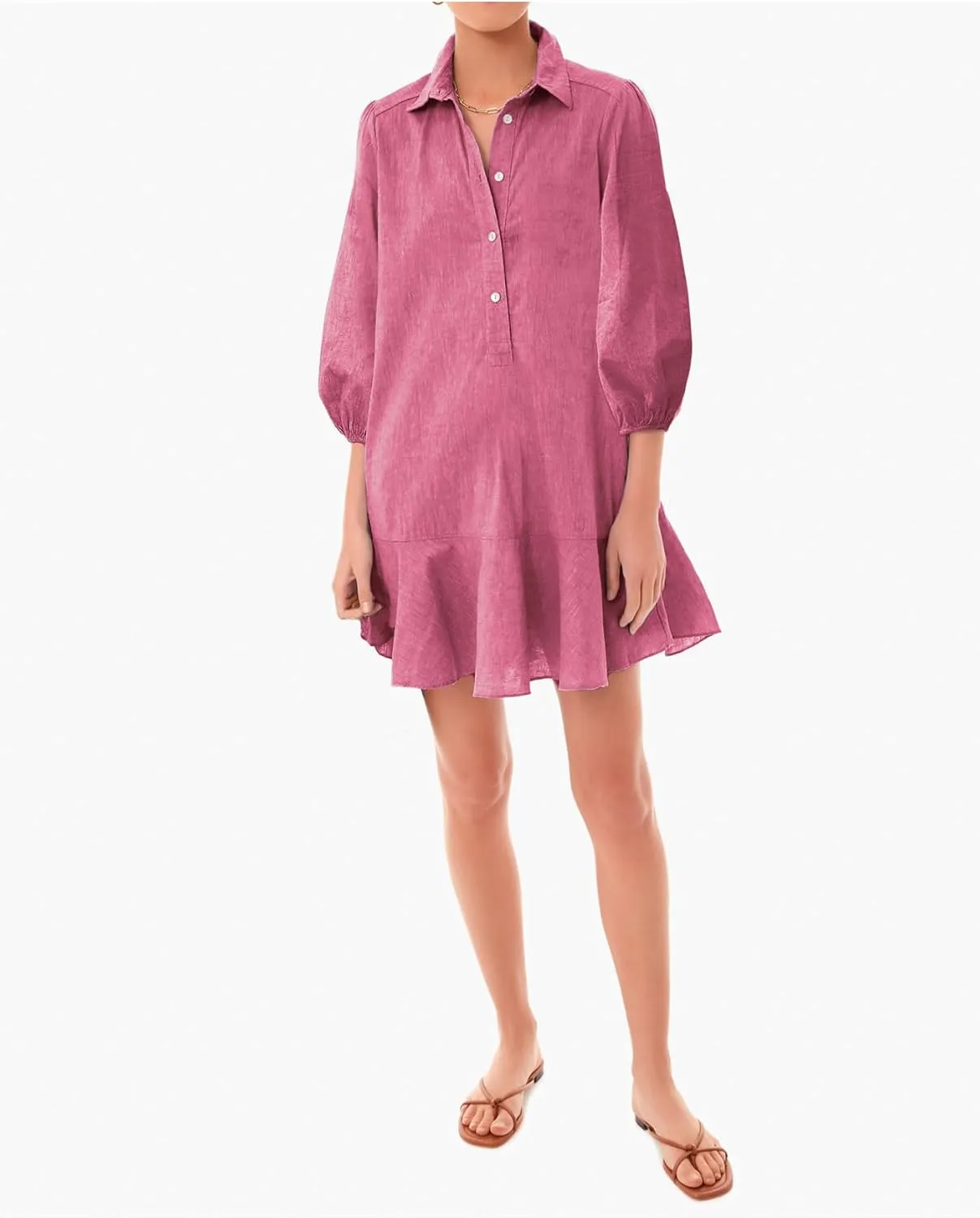 Women Button Down Dress Casual 3/4 Puff Sleeve Cotton Linen Dress Flowy Ruffle Hem Tunic Shirt Dresses
