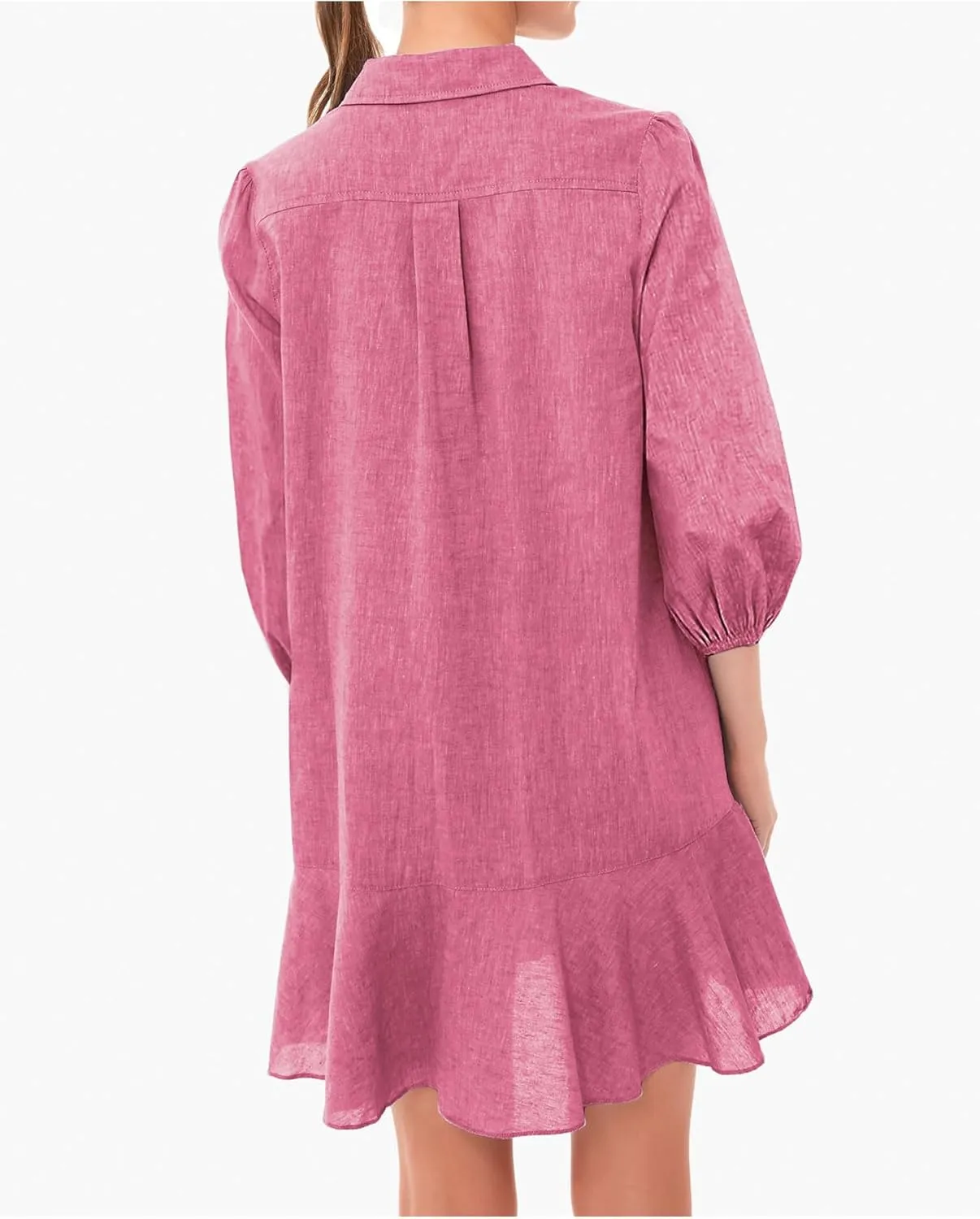Women Button Down Dress Casual 3/4 Puff Sleeve Cotton Linen Dress Flowy Ruffle Hem Tunic Shirt Dresses