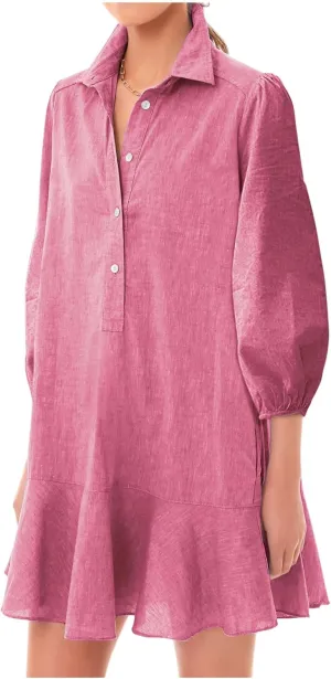 Women Button Down Dress Casual 3/4 Puff Sleeve Cotton Linen Dress Flowy Ruffle Hem Tunic Shirt Dresses