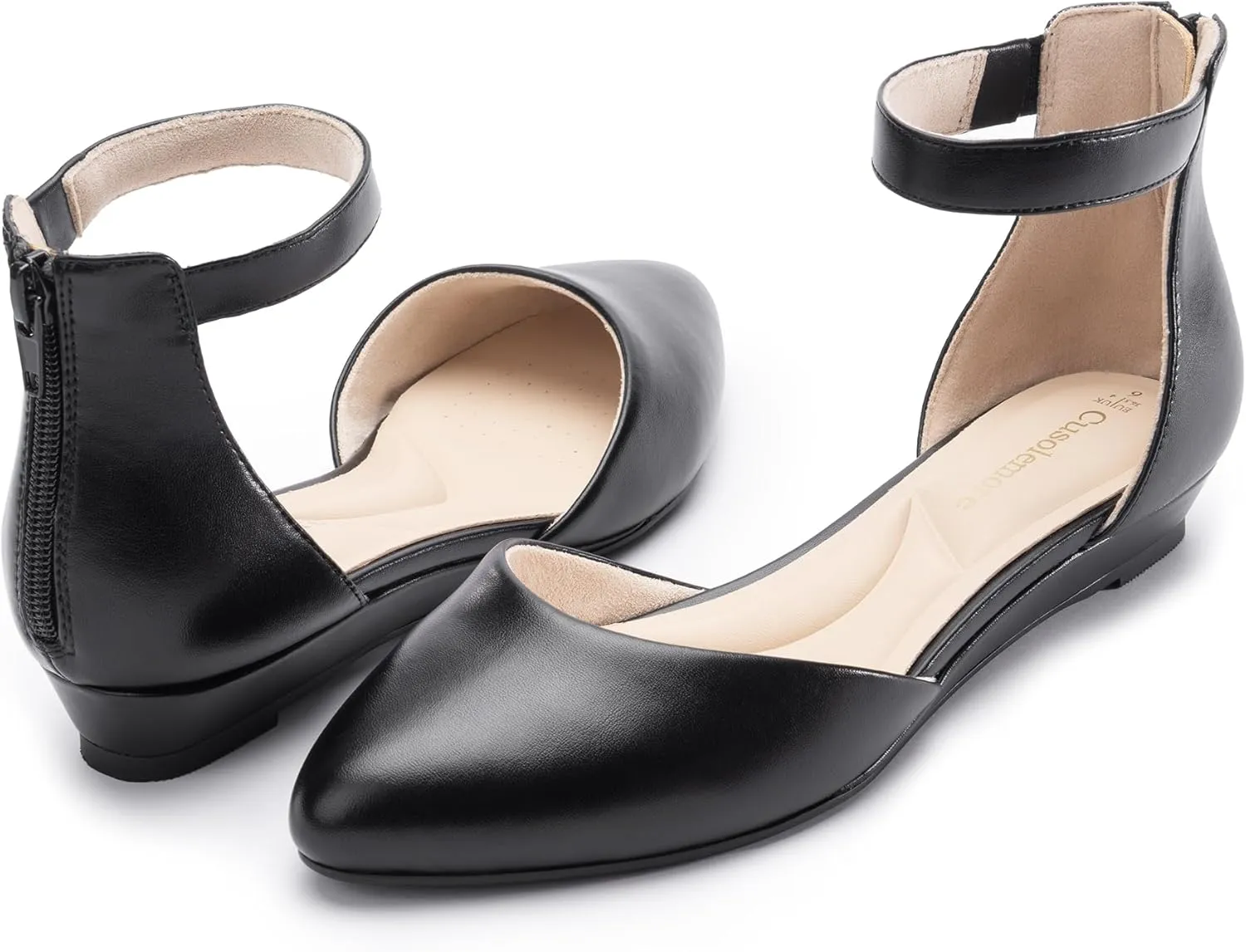 Women Flat Shoes with Ankle Strap, Low Wedge Heel Flats for Women, Comfortable Pointed Toe Dress Shoes for Work Business Wedding