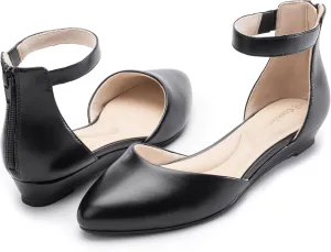 Women Flat Shoes with Ankle Strap, Low Wedge Heel Flats for Women, Comfortable Pointed Toe Dress Shoes for Work Business Wedding