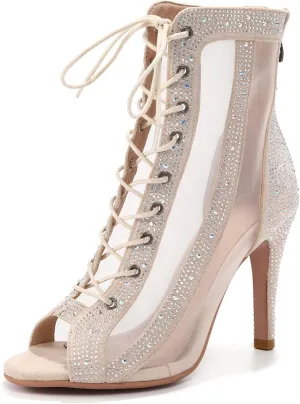 Women Latin Dance Boots Peep Toe Mesh Lace up Dance Boots with Rhinestone Practice Salsa Ballroom Dance Heels