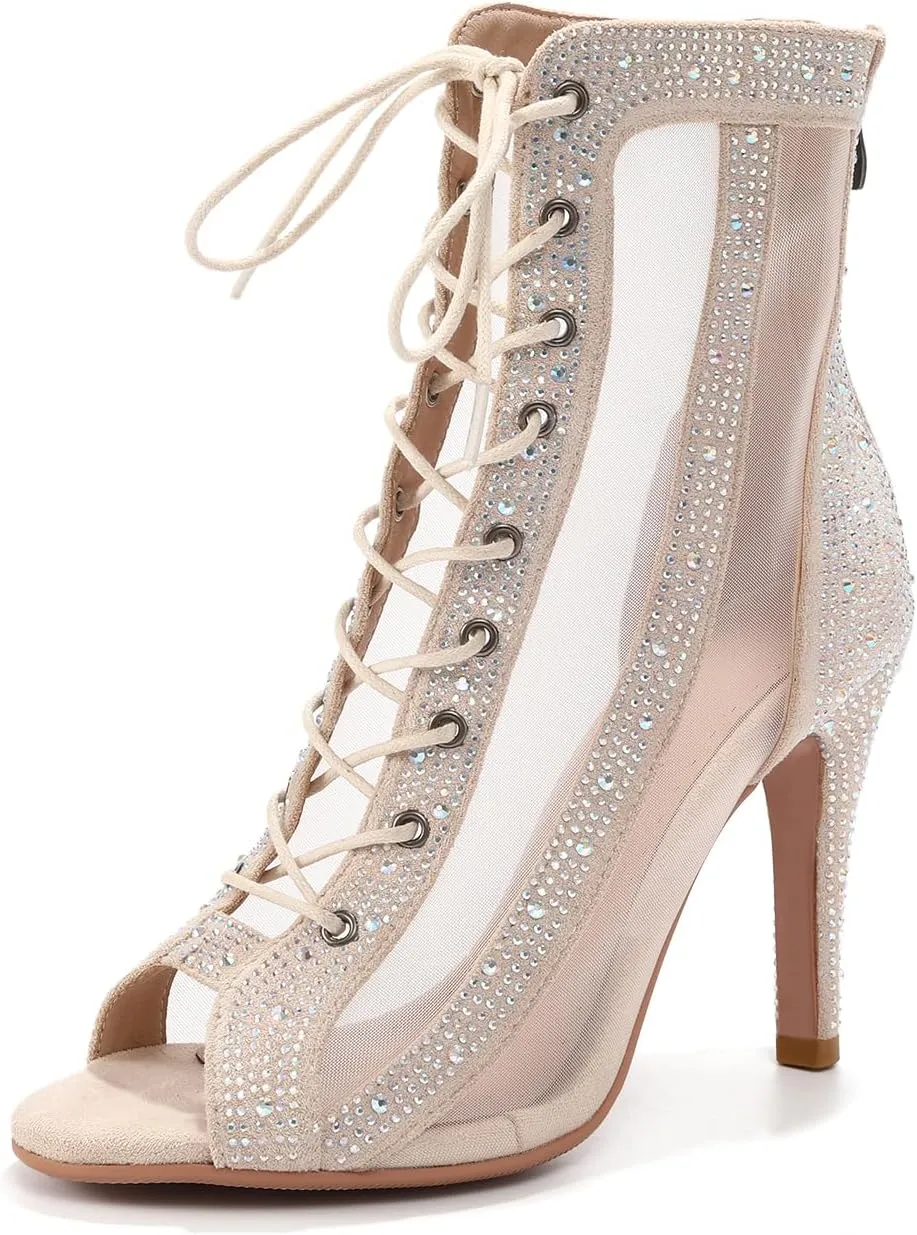 Women Latin Dance Boots Peep Toe Mesh Lace up Dance Boots with Rhinestone Practice Salsa Ballroom Dance Heels