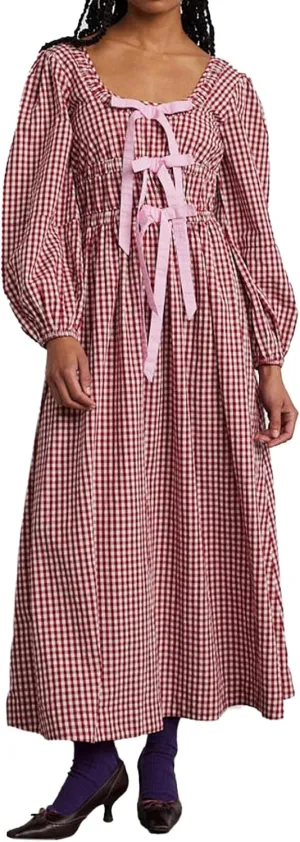 Women Plaid Long Dress Lantern Sleeve Square Neck Maxi Dress with Bow Tie Cottagecore Flowy Fall Dresses