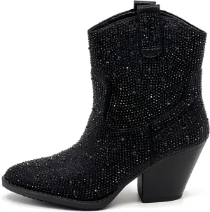 Women Rhinestone Block Chunky Heel Ankle Bootie