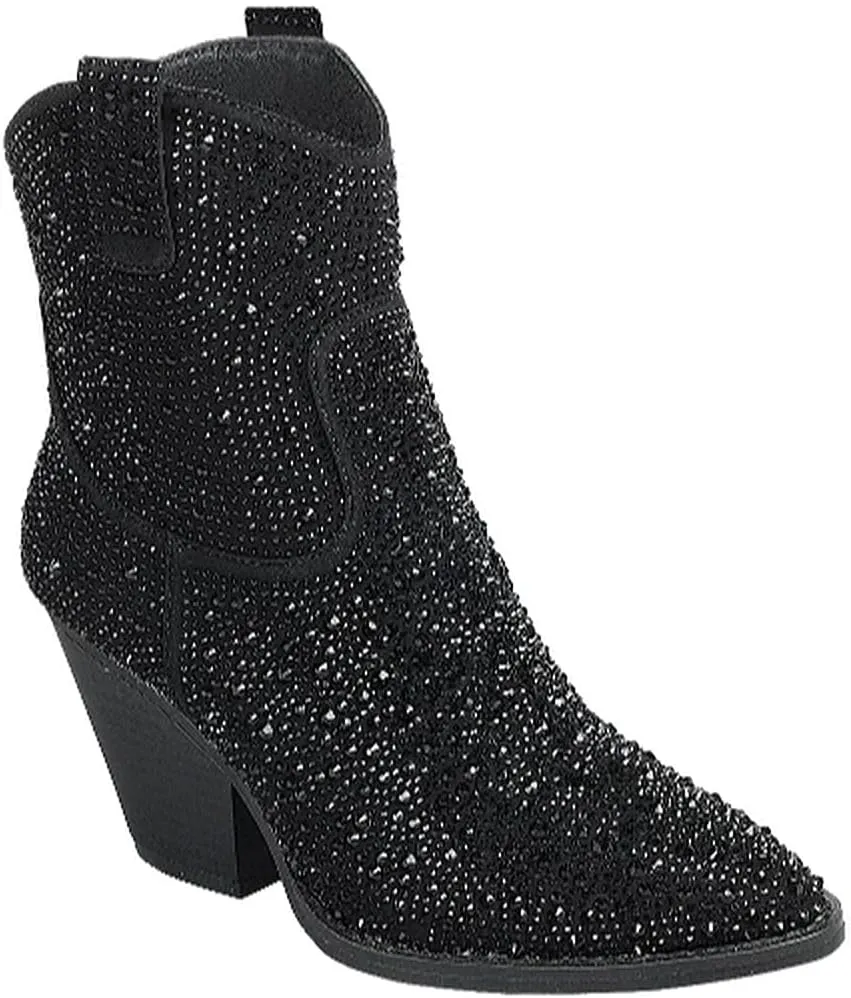 Women Rhinestone Block Chunky Heel Ankle Bootie
