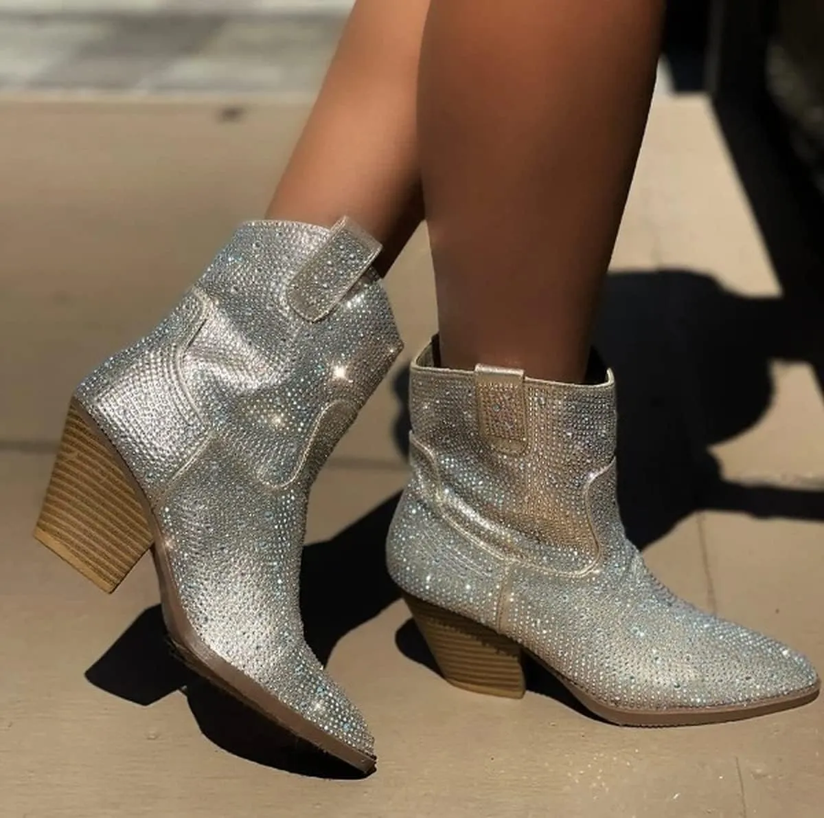 Women Rhinestone Block Chunky Heel Ankle Bootie