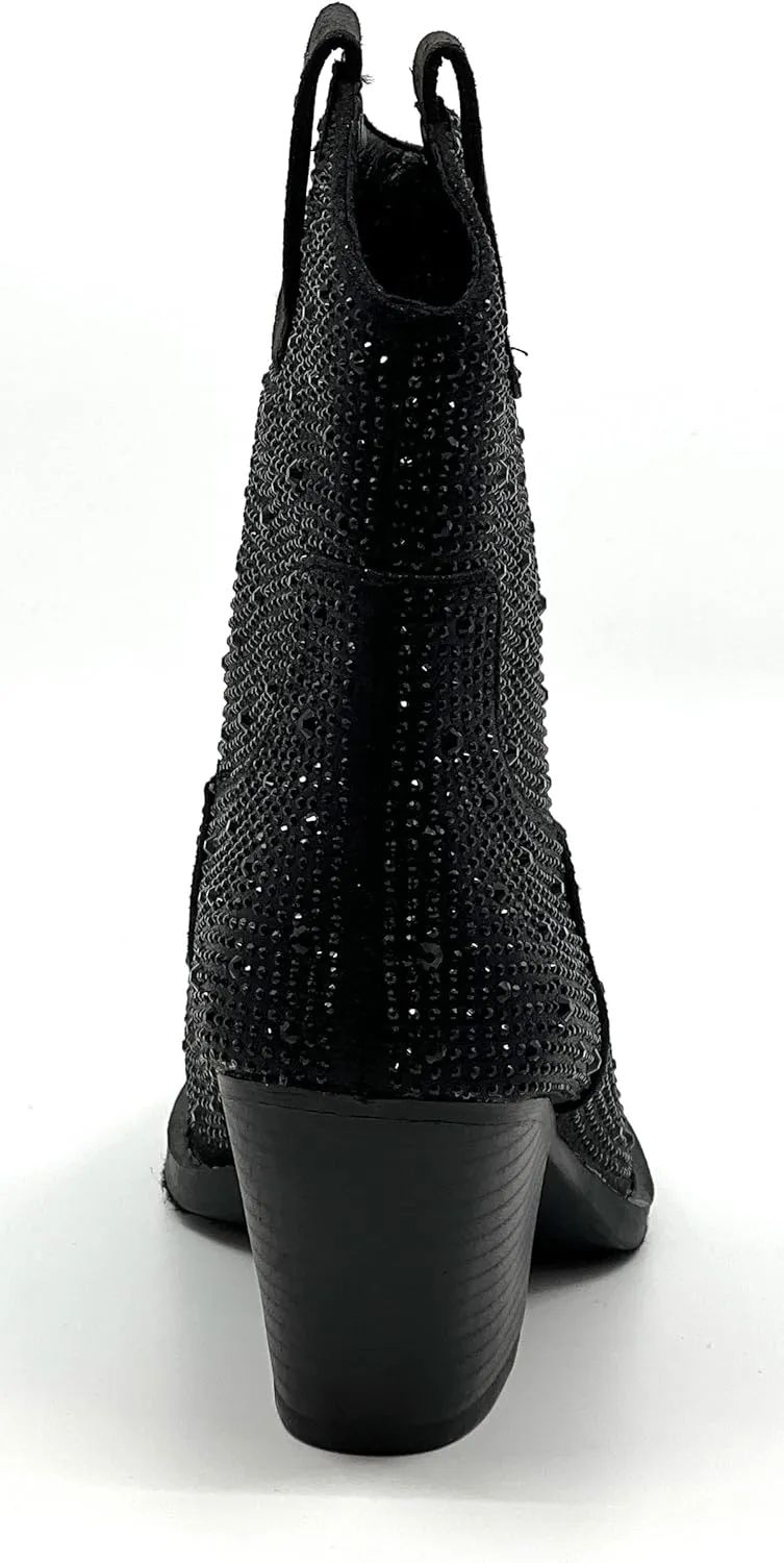 Women Rhinestone Block Chunky Heel Ankle Bootie