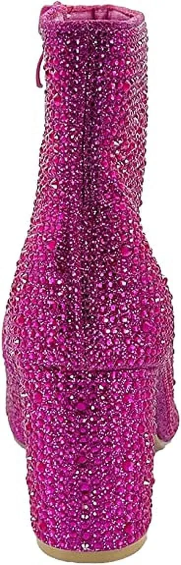 Women Rhinestone Block Chunky Heel Ankle Bootie