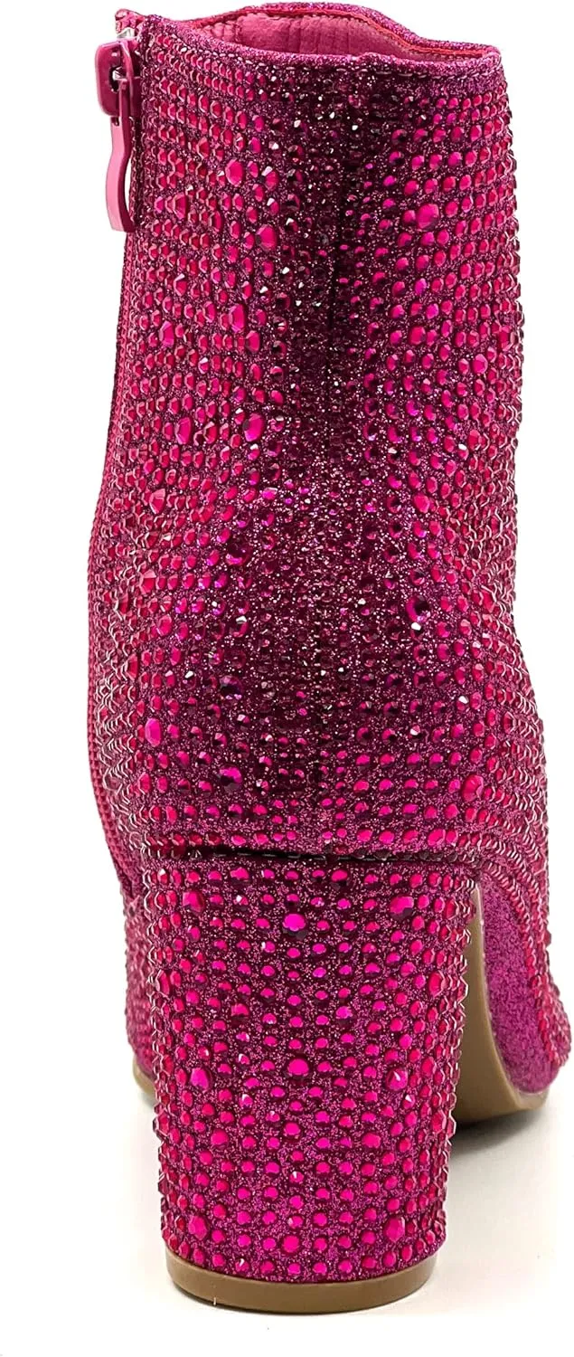 Women Rhinestone Block Chunky Heel Ankle Bootie