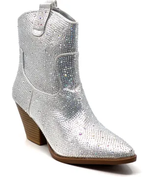 Women Rhinestone Block Chunky Heel Ankle Bootie