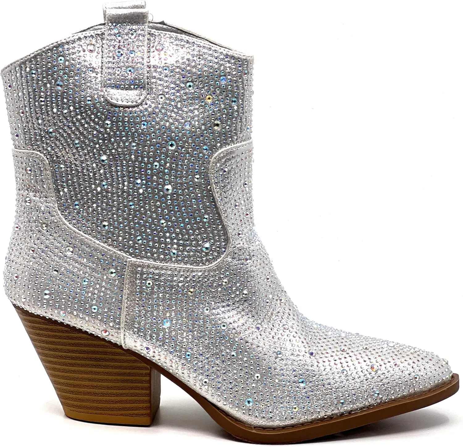 Women Rhinestone Block Chunky Heel Ankle Bootie