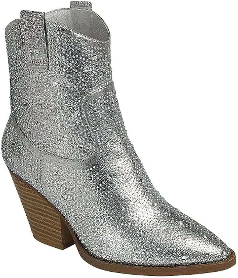 Women Rhinestone Block Chunky Heel Ankle Bootie