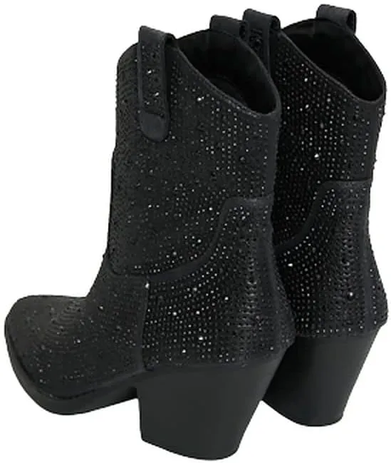 Women Rhinestone Block Chunky Heel Ankle Bootie