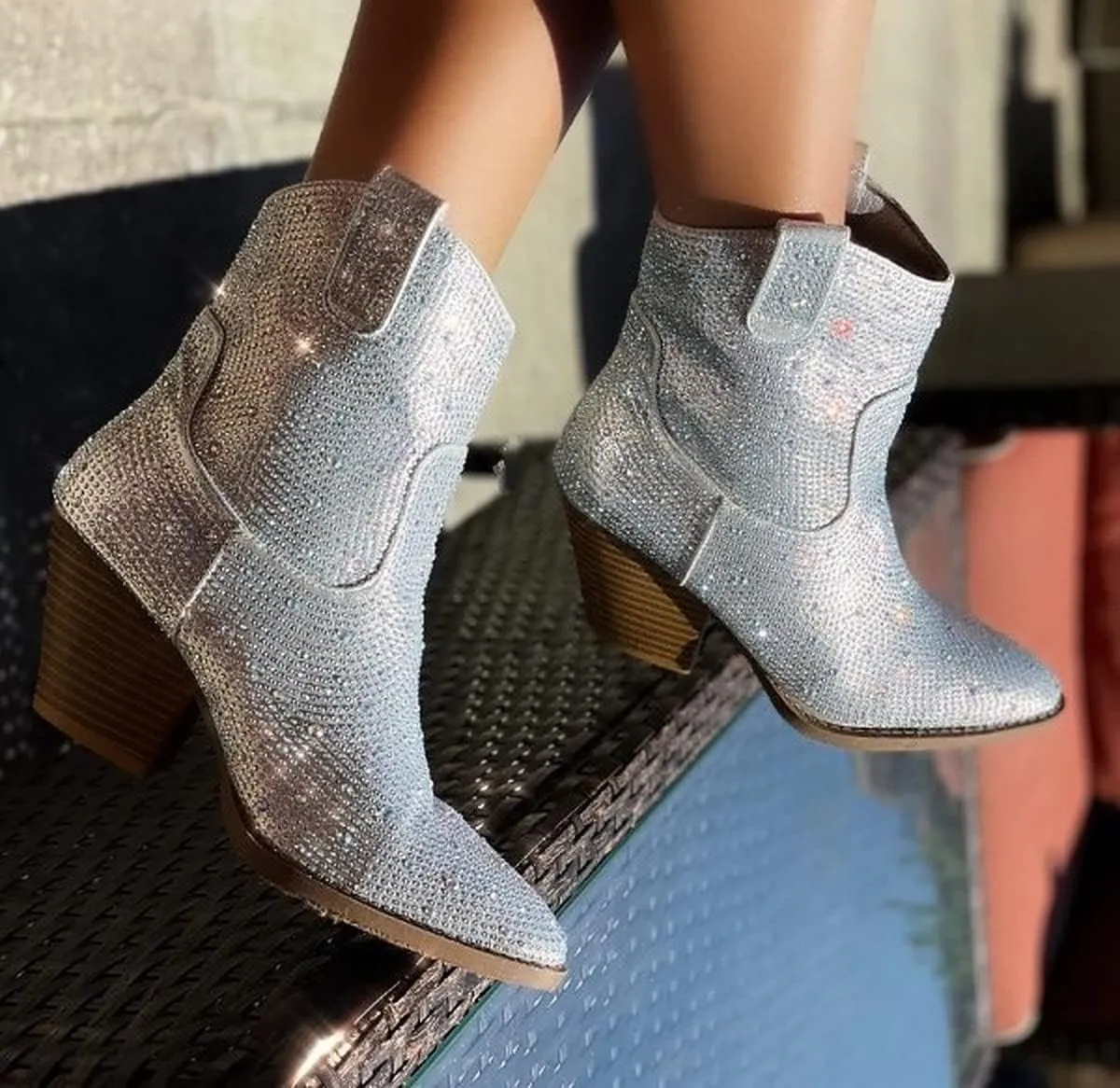 Women Rhinestone Block Chunky Heel Ankle Bootie