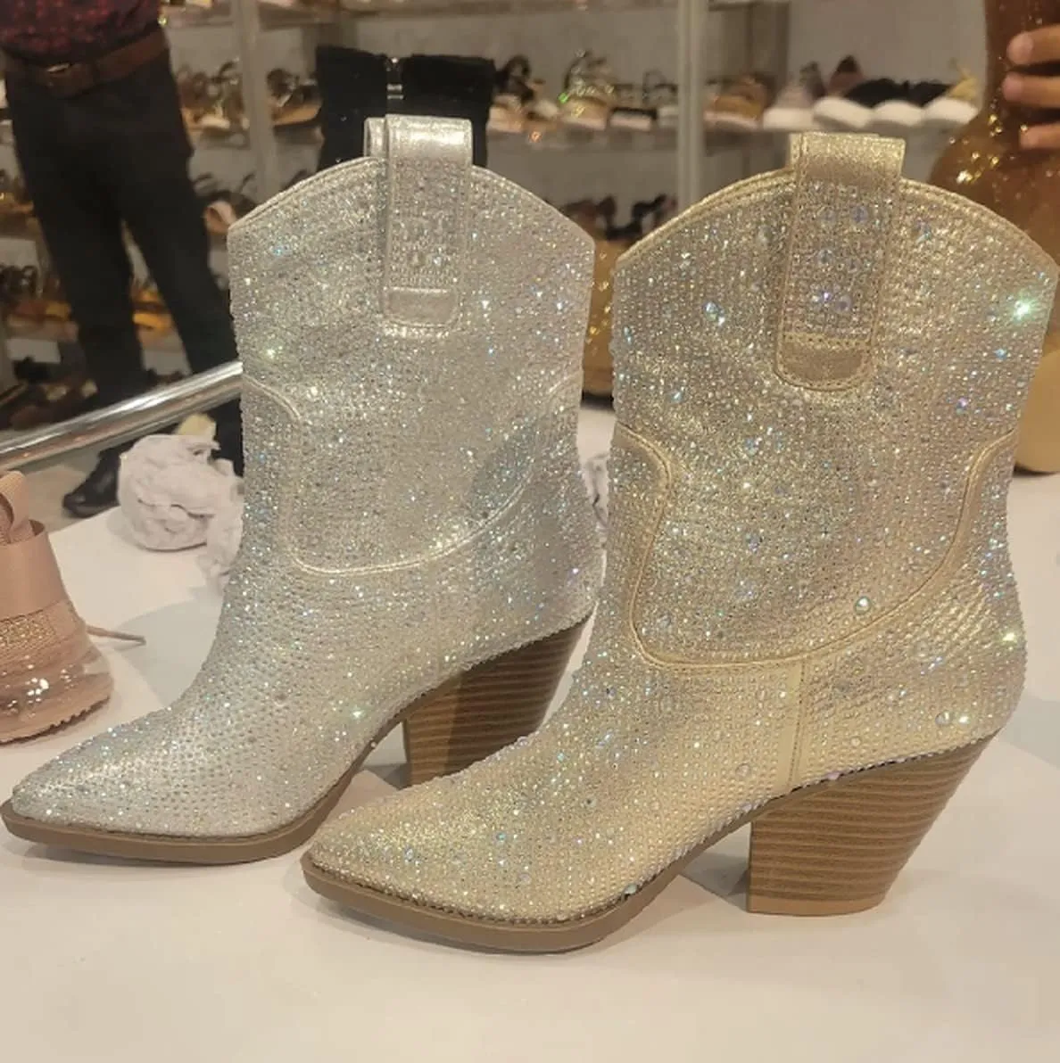Women Rhinestone Block Chunky Heel Ankle Bootie