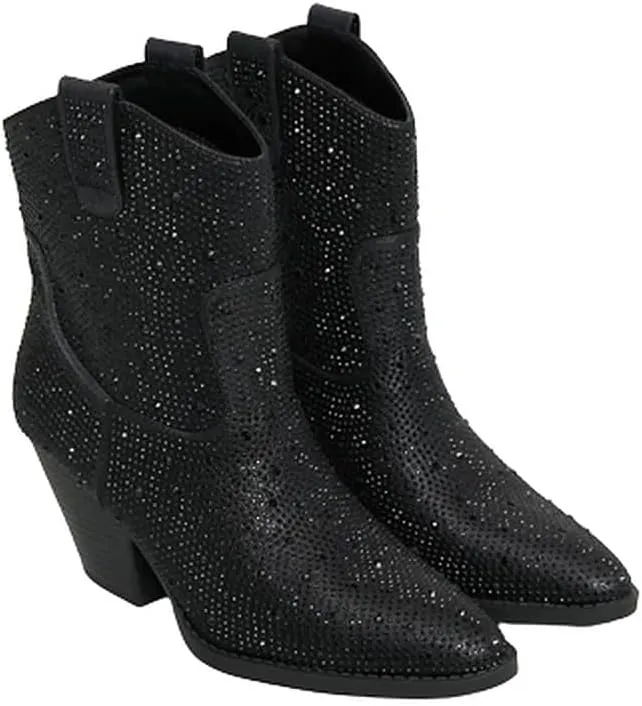 Women Rhinestone Block Chunky Heel Ankle Bootie