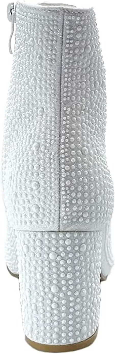 Women Rhinestone Block Chunky Heel Ankle Bootie