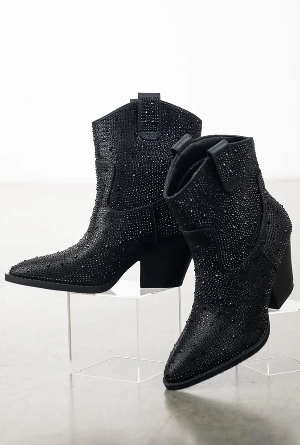 Women Rhinestone Block Chunky Heel Ankle Bootie