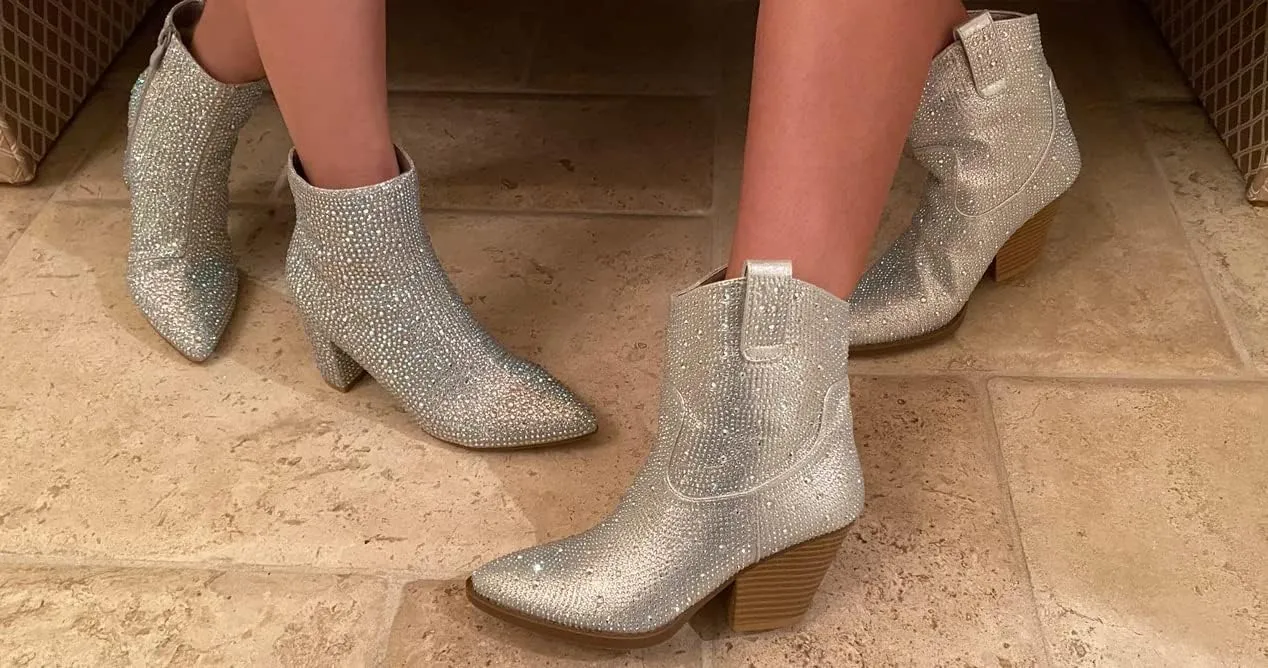 Women Rhinestone Block Chunky Heel Ankle Bootie