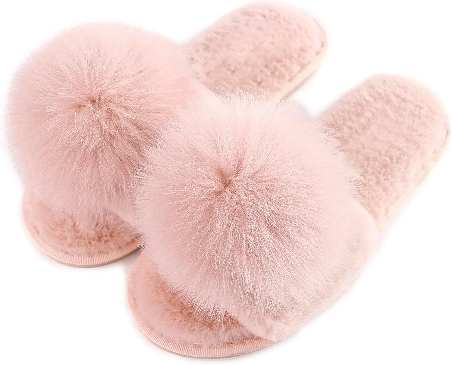 Women Slippers with Real Fox Fur Ball, Girl Furry Cozy Warm House Slipper, Open Toe Soft Flat Slide Sandals for Women Indoor Outdoor