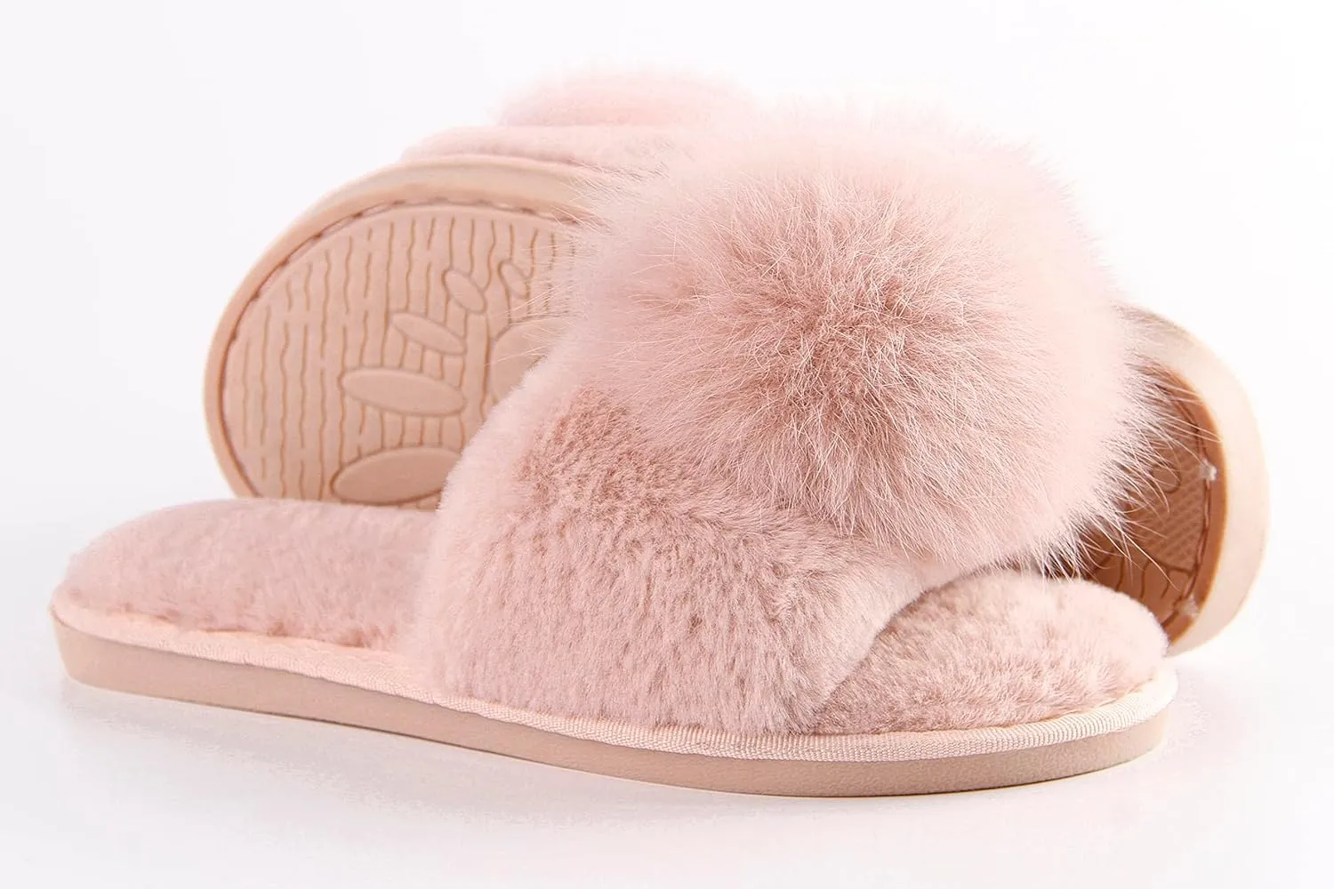 Women Slippers with Real Fox Fur Ball, Girl Furry Cozy Warm House Slipper, Open Toe Soft Flat Slide Sandals for Women Indoor Outdoor