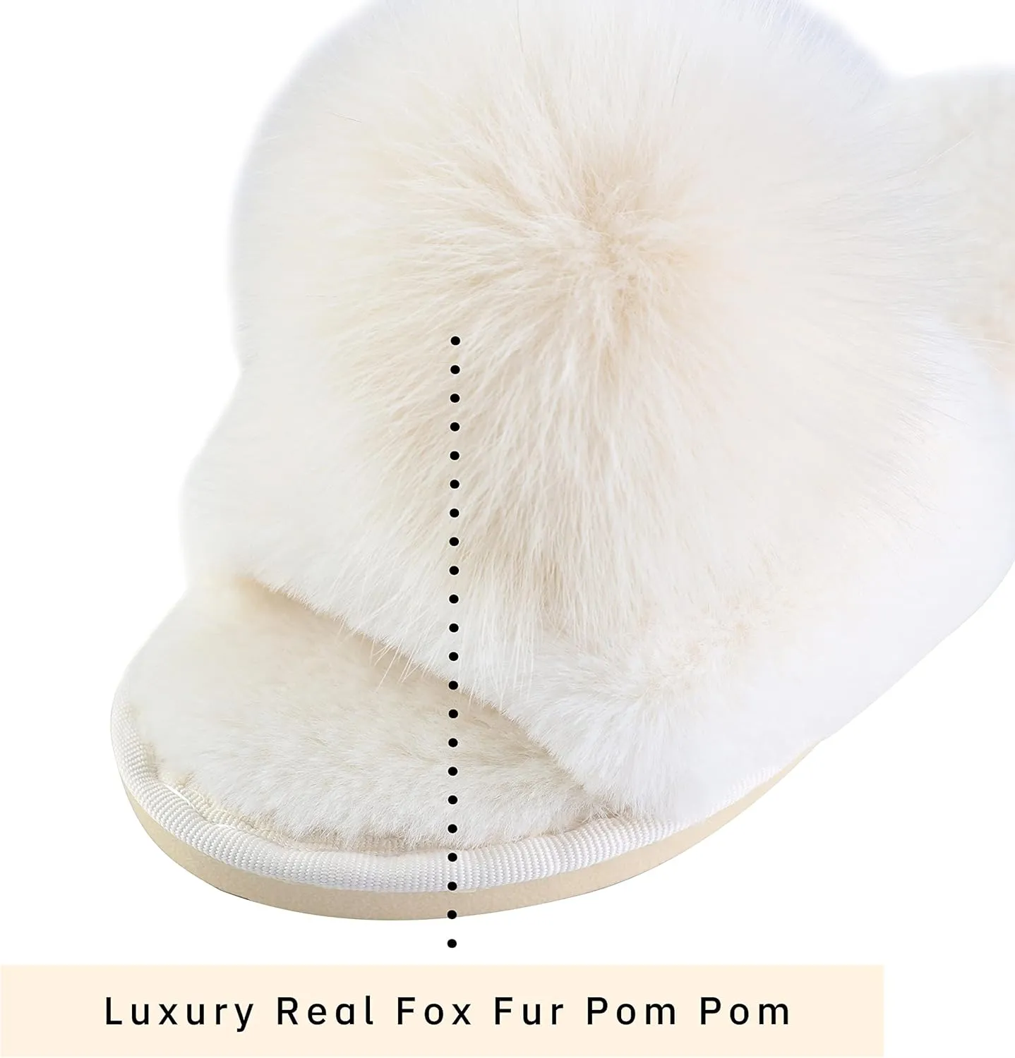 Women Slippers with Real Fox Fur Ball, Girl Furry Cozy Warm House Slipper, Open Toe Soft Flat Slide Sandals for Women Indoor Outdoor