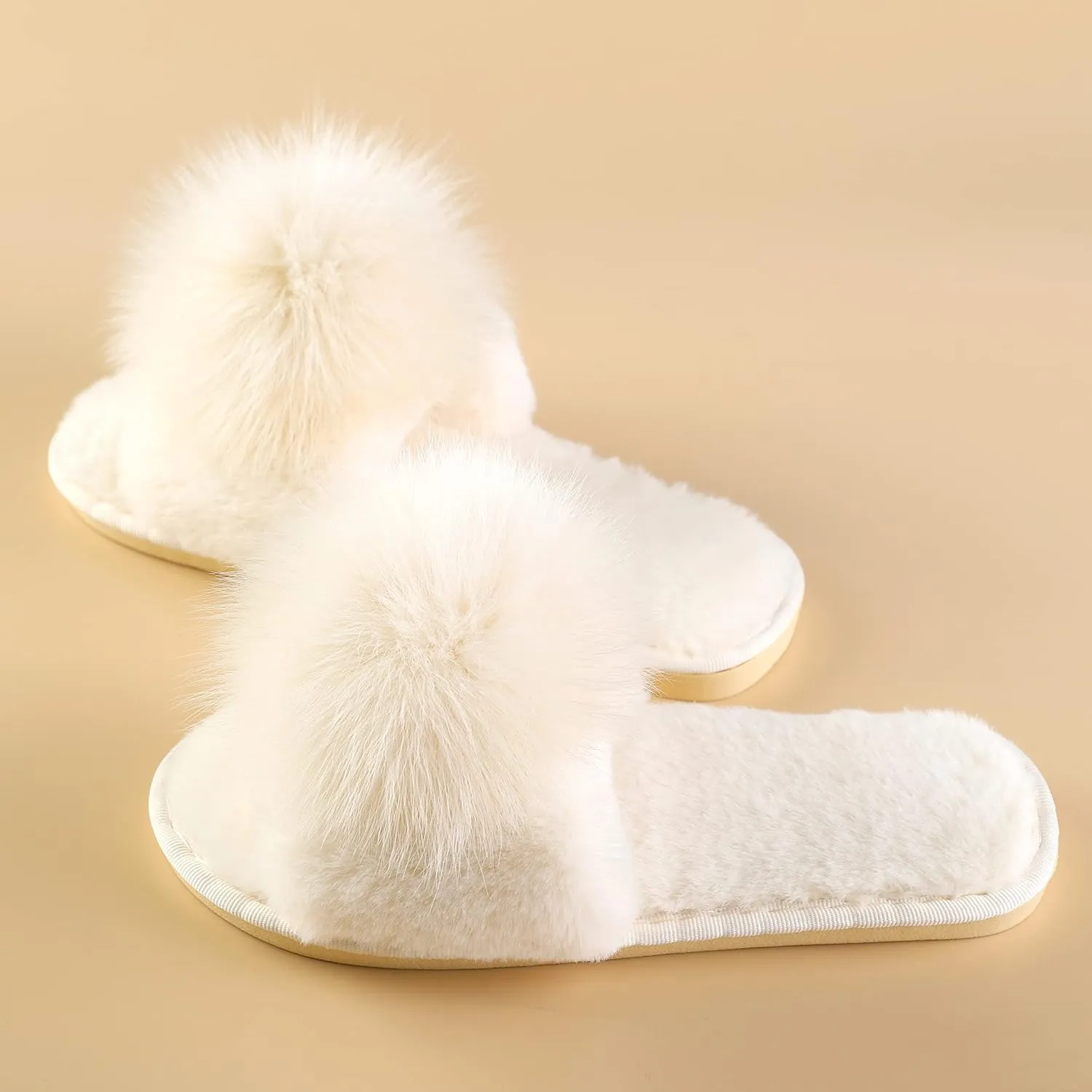 Women Slippers with Real Fox Fur Ball, Girl Furry Cozy Warm House Slipper, Open Toe Soft Flat Slide Sandals for Women Indoor Outdoor