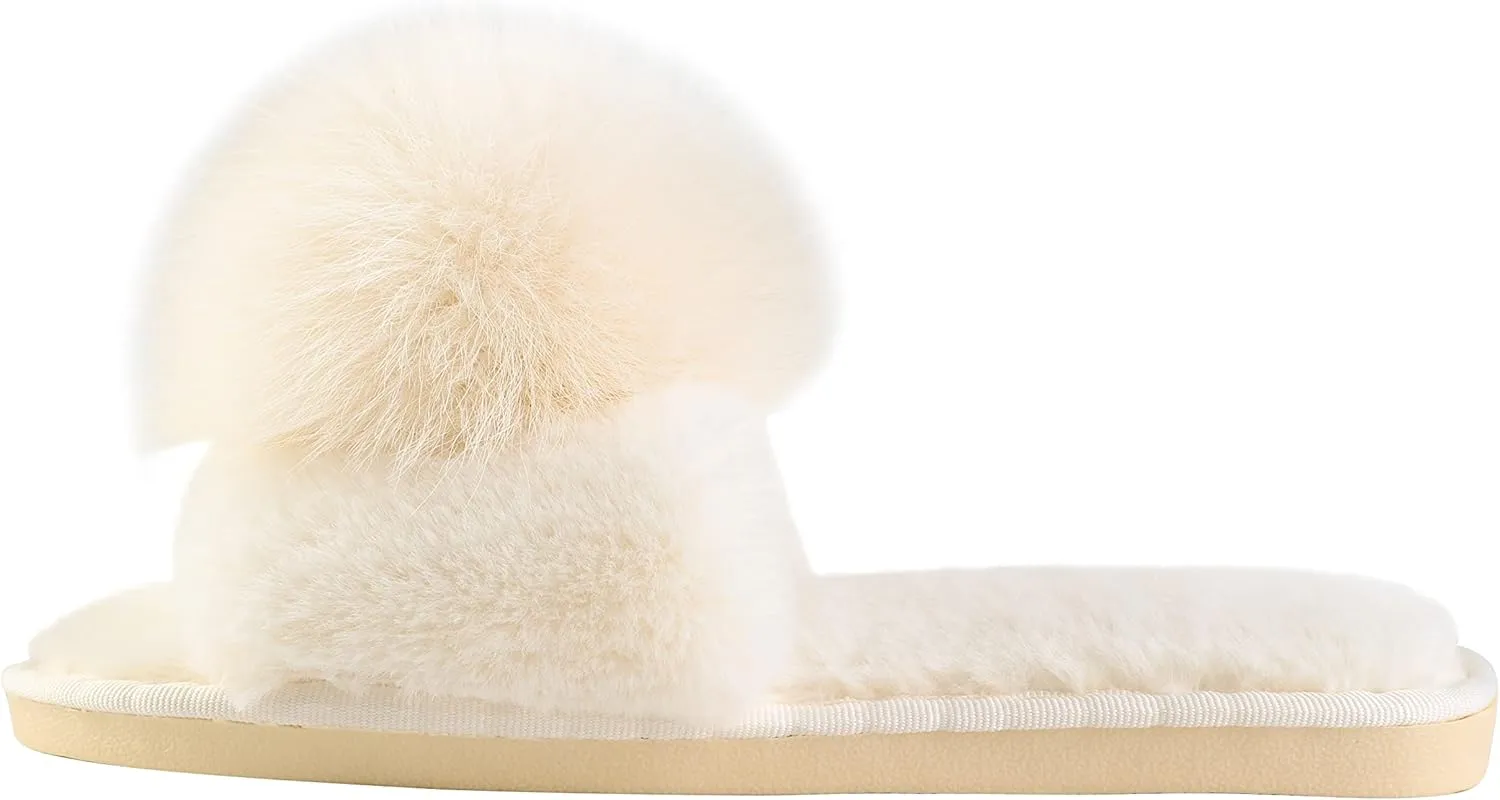Women Slippers with Real Fox Fur Ball, Girl Furry Cozy Warm House Slipper, Open Toe Soft Flat Slide Sandals for Women Indoor Outdoor